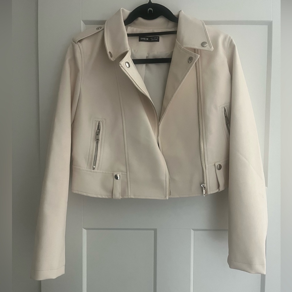 SHEIN Faux Leather Moto Jacket – Cream, Size M (US 6)